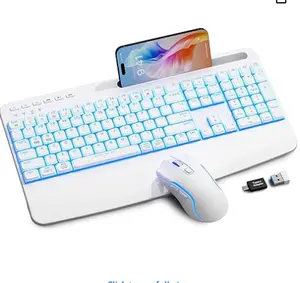 SABLUTE KM25Pro White Keyboard and Mouse Wireless Combo, 4000mAh Rechargeable Backlit Quiet Keyboards mice set, USB Ergonomic Key Board with Wrist Rest & Phone Holder for PC, Mac, Windows, Natural Soft Typing—SABLUTE