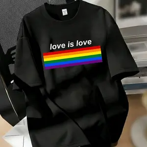 Love Is Love Rainbow Stripe T-Shirt, LGBTQ+ Pride Month Casual Top Tshirt Classic