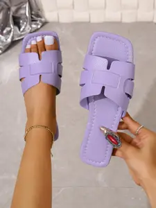 Women's Fashionable Plain Color Geometric Design Slip on Leather Strap Sandals, PU Leather Sandals, Casual Comfortable Flat Sandals for Beach, Outdoor, Daily Wear