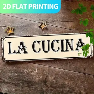 2D Flat, 1pc Vintage "LA CUCINA" Metal Sign - 15.7x3.9" Aluminum Wall Decor, Pre-Drilled for Easy Hanging, Rustic Kitchen & Farmhouse Decoration, Unique Gift for Friends & Family, Kitchen Wall Decor, Farmhouse Style, Durable Wall Art, 2D Flat