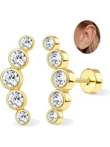 2Pcs Helix Piercing Jewellery Stainless Steel Cartilage Earrings for Women, High Quality Earrings, 16G Flat Back Earrings Stud Conch Piercing Earrings CZ Helix Earrings Silver Gold Tragus Piercing Jewellery