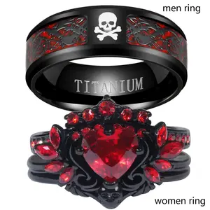 Springtok Ringcrown Couple Rings Matching Heart Cut 1.5ct Red CZ Black Gold Plated Women Wedding Ring Set & Men Titanium Steel Punk Skull Ring Set