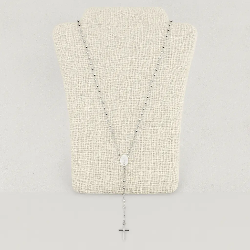 FWJ Unisex Classic Religious Stainless Steel Virgin Mary Rosary Cross Elegant Necklace - 2.5mm Beads, 19in Chain with 1.5in Extension, Minimalist Design, Minimalist Necklaces, 19" With 1.5" Extension, Long, 19" Length