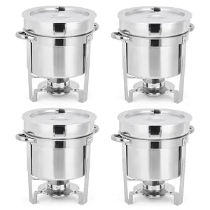 GARVEE 7QT Stainless Steel Soup Chafer Set of 4 with Notched Lids and Fuel Holders, Commercial Round Soup Warmers Ideal for Buffets, Events, and Party Service