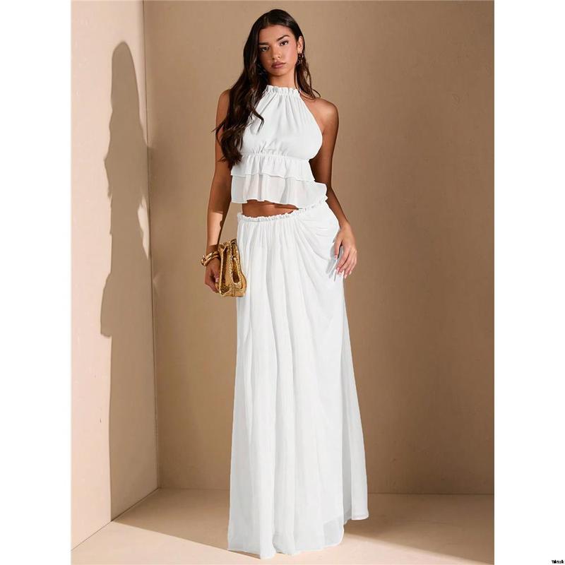 Date Beach Holiday , Women For Maxi Slit High Ruched Asymmetric White BAE tiktok White Skirt Vacation