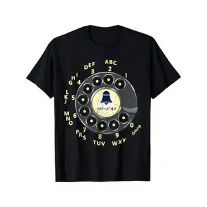 [Vintage Phone T-Shirt] Vintage Dial Phone Printed T-Shirt - Summer Casual Short Sleeved Round Neck T-Shirt - Clothing, Versatile And Fashionable Top For Daily Wear, Suitable For Daily Life, Regular-Fit,
