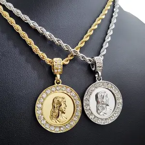 Jesus Portrait Religious Medal Iced Gold Silver Plated Pendant & 4mm 24" Rope Chain Hip Hop Style Necklace Jewelry