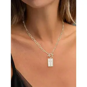 Golden And Silver Cross Pendant Necklace For Women, Toggle Clasp Rectangle Cross Charm Necklace, Dainty Paperclip Chain Religious Jewelry Gift For Christian Faith, Baptism, First Communion