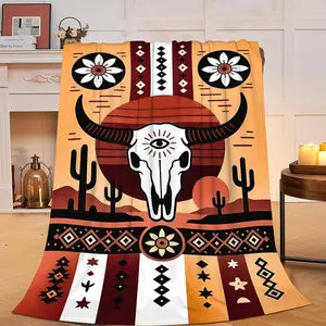 Western Boho Bull Skull Blanket Southwest Aztec Tribal Southwestern Navajo Throw Blanket Soft Cozy Fleece Fuzzy Stuff Plush Flannel Gifts for Girls Women Boys Kids Adults 40''x50''