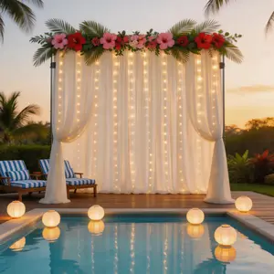 Ivory Flowing Chiffon Backdrop Curtains with String Lights 5x10ft 4 Pack, Soft Sheer Fabric for Romantic Wedding, Baby Shower, Holiday, Glowing Photo Background