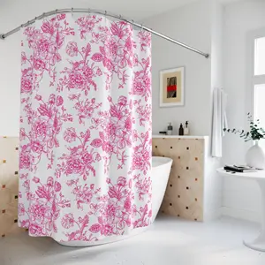 Hot Pink Floral Shower Curtain | Toile | Cottagecore | French | Farmhouse Bath Decor | Boho Shower Curtain | Victorian Bathroom Decor