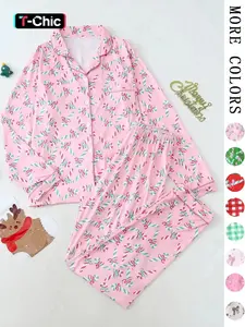 [Chrisas Pajamas]Two-Piece Set Women's Candy Bow Print Button Front Lapel Shirt & Pants Pyjama, Casual Comfy Long Sleeve Collared Pocket Top & Trousers Pj Sleepwear & Loungewear for Fall, Lady, Flexible Fit