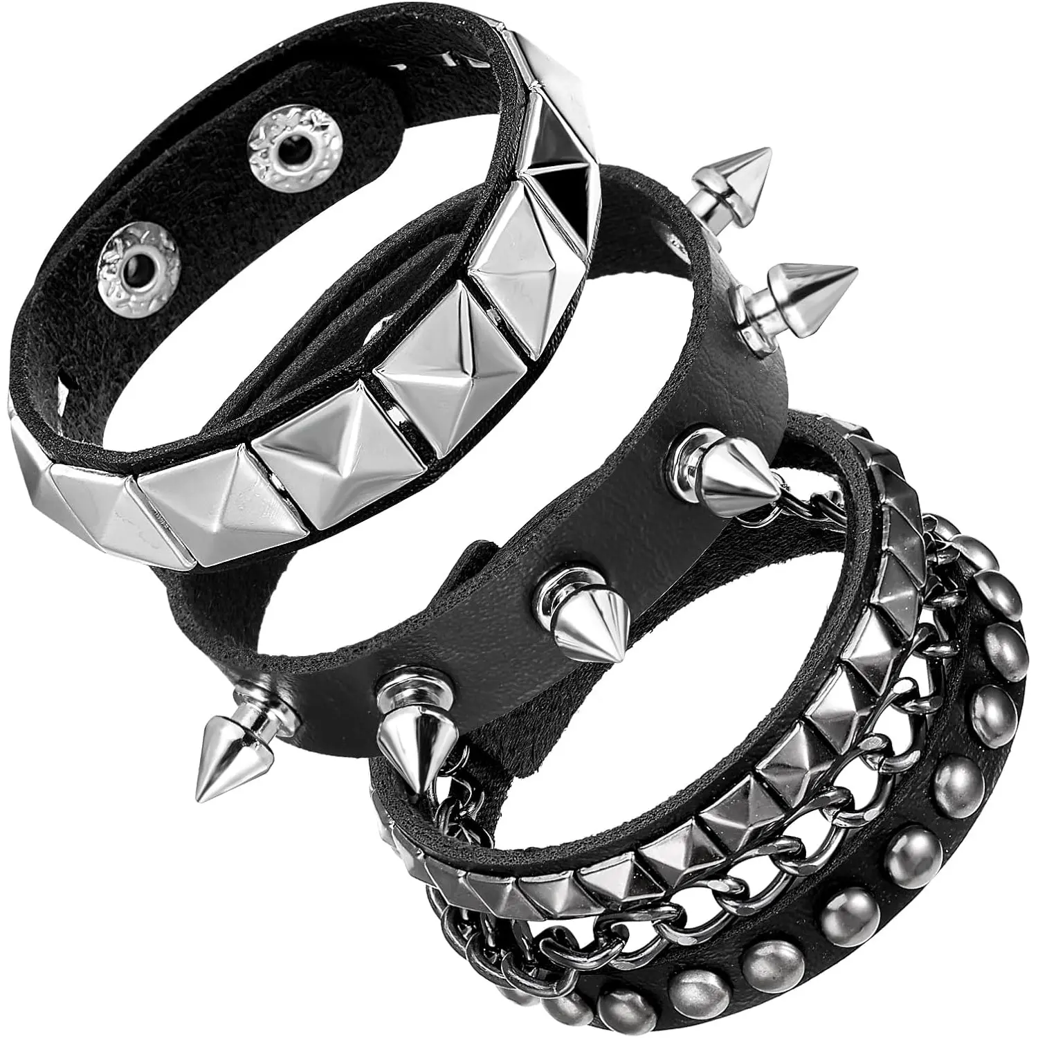 3 Pcs Punk Bracelets, Leather Studded Bracelet Cuff Adjustable Goth Bracelets Spike Bracelet Emo Bracelets for Men Women 80s Wristband Goth Jewelry Halloween Emo Accessories (Style B)