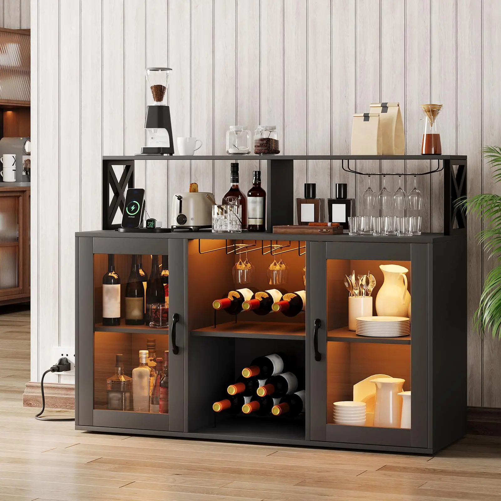 GARVEE Freestanding Liquor Cabinet with LED Lights, Wine Bar Cabinet, Coffee Bar Buffet Sideboard Storage Featuring Wine Rack and Glass Holder for Living Room and Dining Room