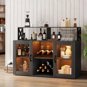 GARVEE Freestanding Liquor Cabinet with LED Lights, Wine Bar Cabinet, Coffee Bar Buffet Sideboard Storage Featuring Wine Rack and Glass Holder for Living Room and Dining Room