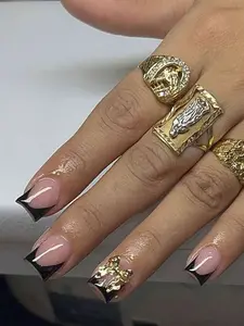 24pcs Short Square Nail Stickers, Black French Pointed Tip, Gold Bow Decor, Luxury Full Coverage, Suitable For Women/Girls Summer Nails, Charming Date, Office, Home Party Nail Art Supplies