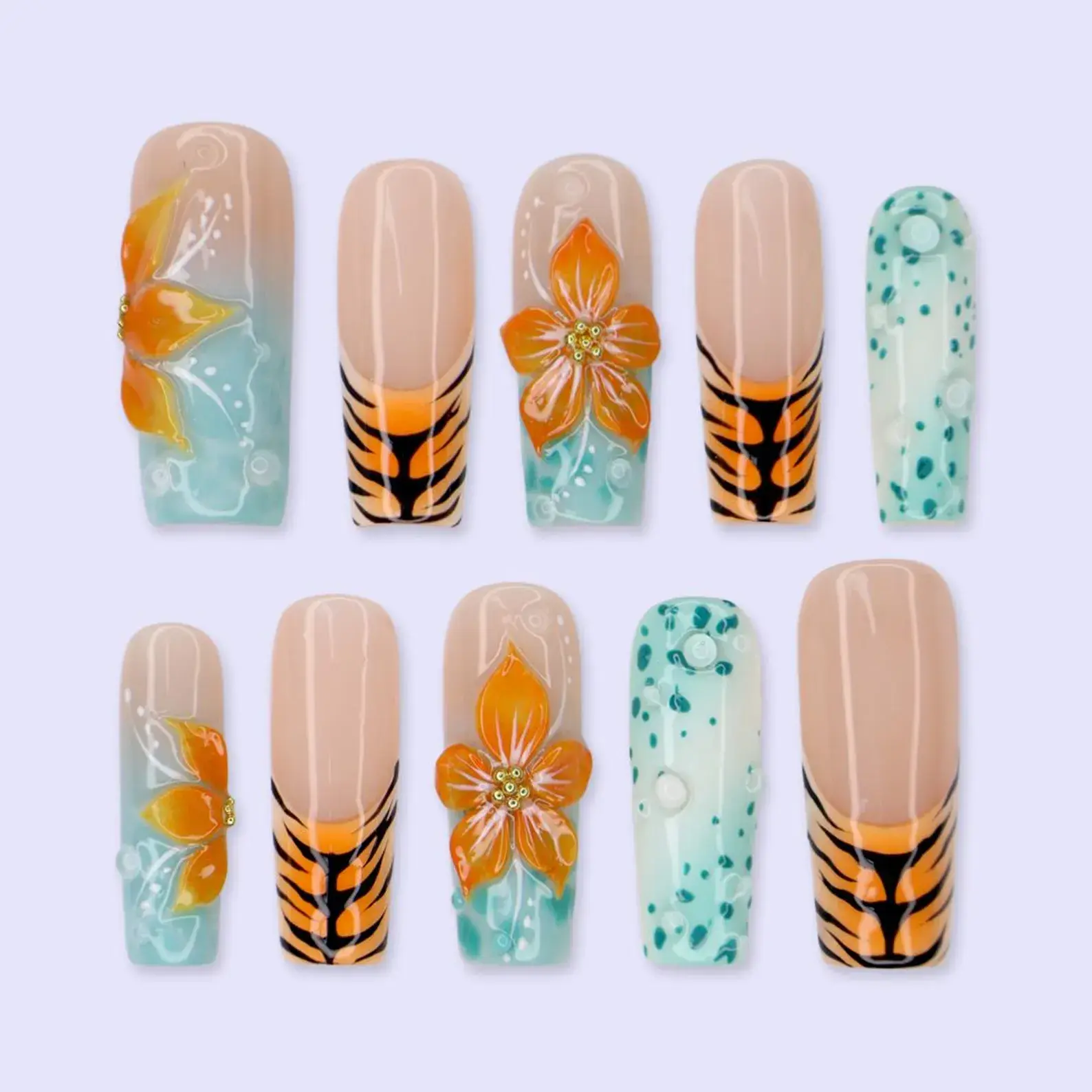 Summer Press On Nails With Tiger Stripe French Tips & Tropical Flowers | Medium Square Fake Nails | Handmade Nail Art For Vacation, Beach
