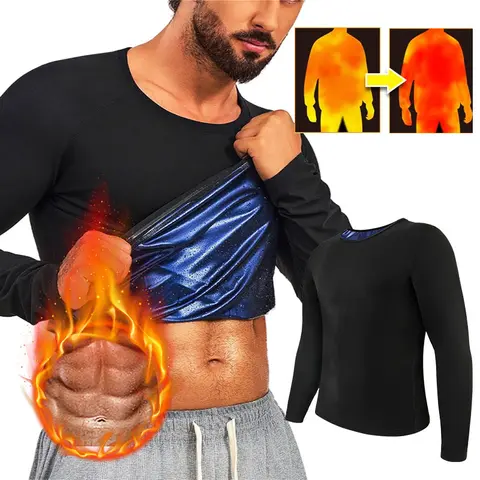 CATTIBOR Men's Long-Sleeve Sweat Sauna Shaper Activewear T-Shirt - Breathable Gym Workout Waist Trainer Vest