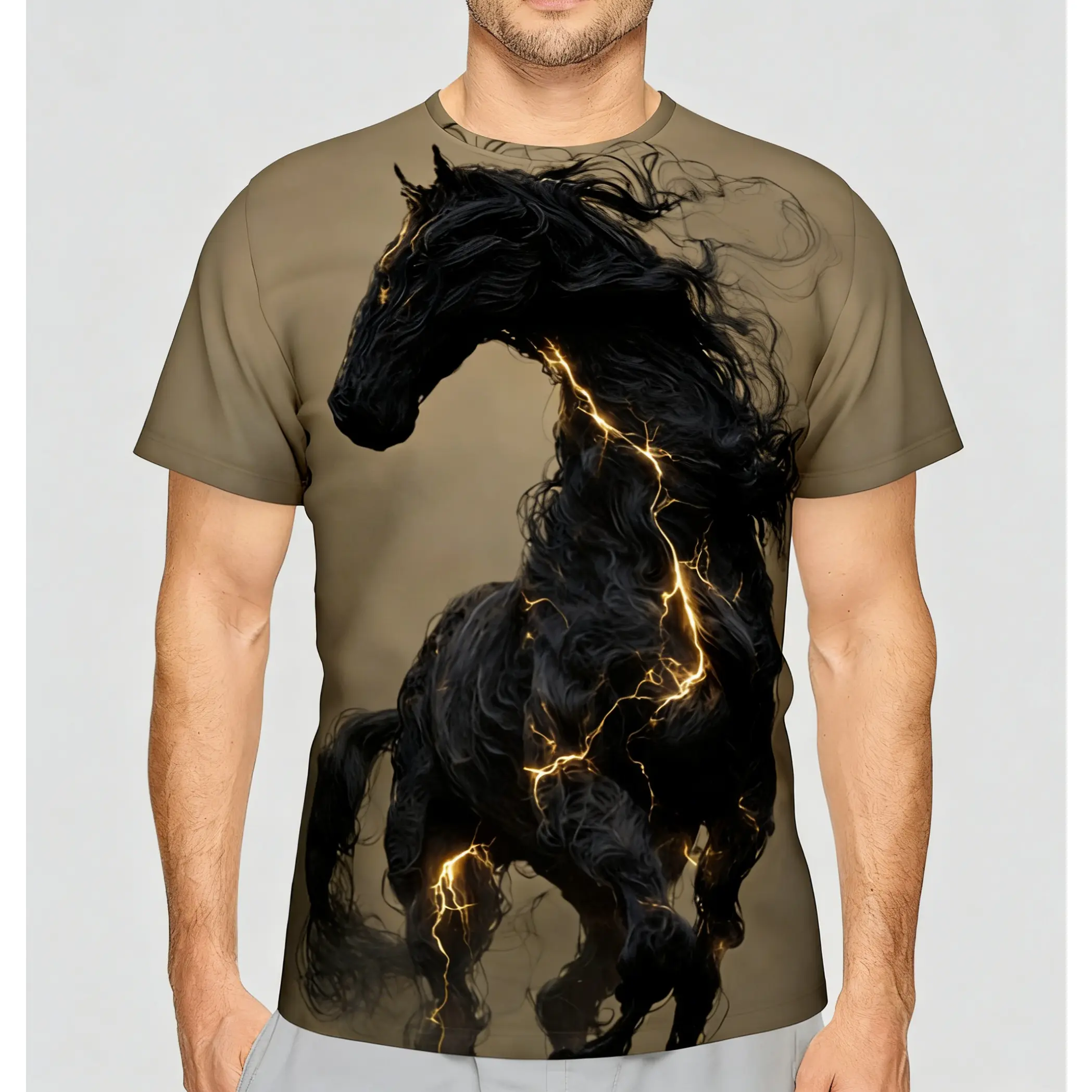 Men's Unisex Golden Lightning Black Stallion Print Tshirt, Mystical Fantasy Horse Graphic T Shirts, Dark Magical Creature All-Over Print Short-Sleeve Edgy Streetwear Top