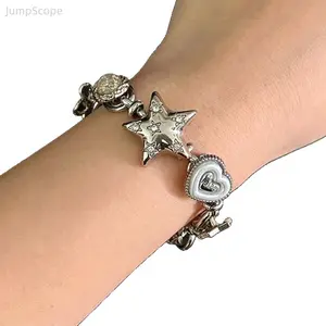 Rhinestone Star & Heart Charm Bracelet, Y2K Silver Tone Metal Beaded Toggle Chain Bracelet, Minimalist Korean Luxury Dainty Wrist Jewelry for Women