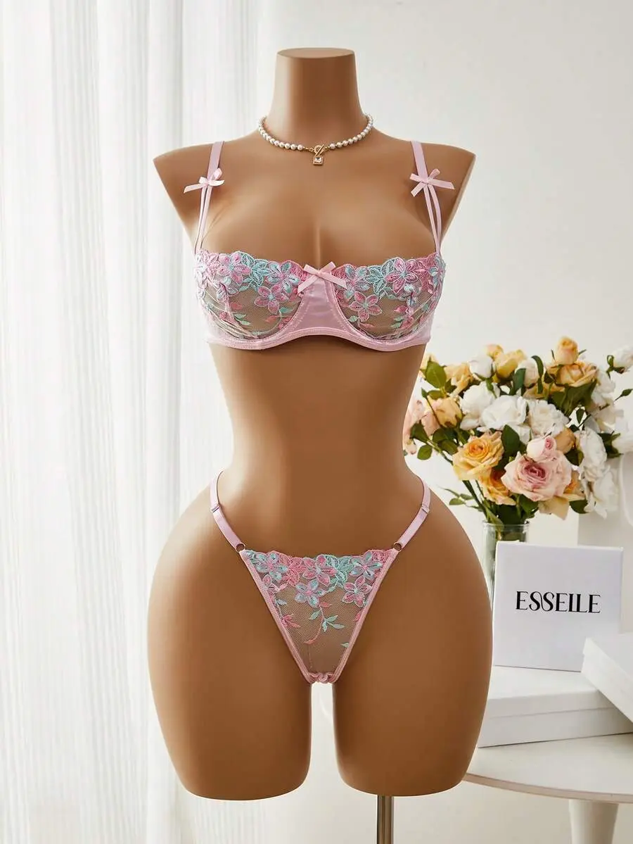 Esselle 2pcs/Set Romantic Floral Embroidery Sexy Lingerie Set For Women Valentine's Floral Lingerie Set Pink Lingerie Set Underwire Lingerie Set Moo Moo Satin Lingerie Set Gaine, Date Night