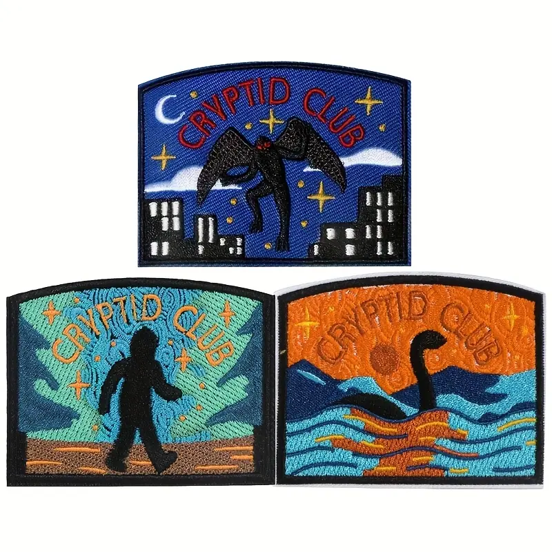 Bigfoot Cryptid Series Patch Set 3pcs, CRYPID CLUB Embroidered Fabric Badge, Suitable for Mystery Creature Enthusiasts, Iron/sewn onto jackets, bags, and hats.