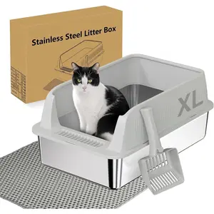 Large Stainless Steel  Litter Box, Open Top Metal Kitty Litter Tray with High Sides, Litter Mat, Scoop for Indoor Cats, Kitten,Big Cats, No Odor, No Mess, Leak Proof, Easy Clean