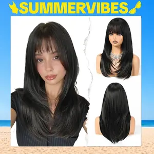 SummerVibes AISI HAIR Wigs for Women Long Straight layered Wig with Bangs Heat Resistant Fiber Synthetic Wigs Daily Natural looking