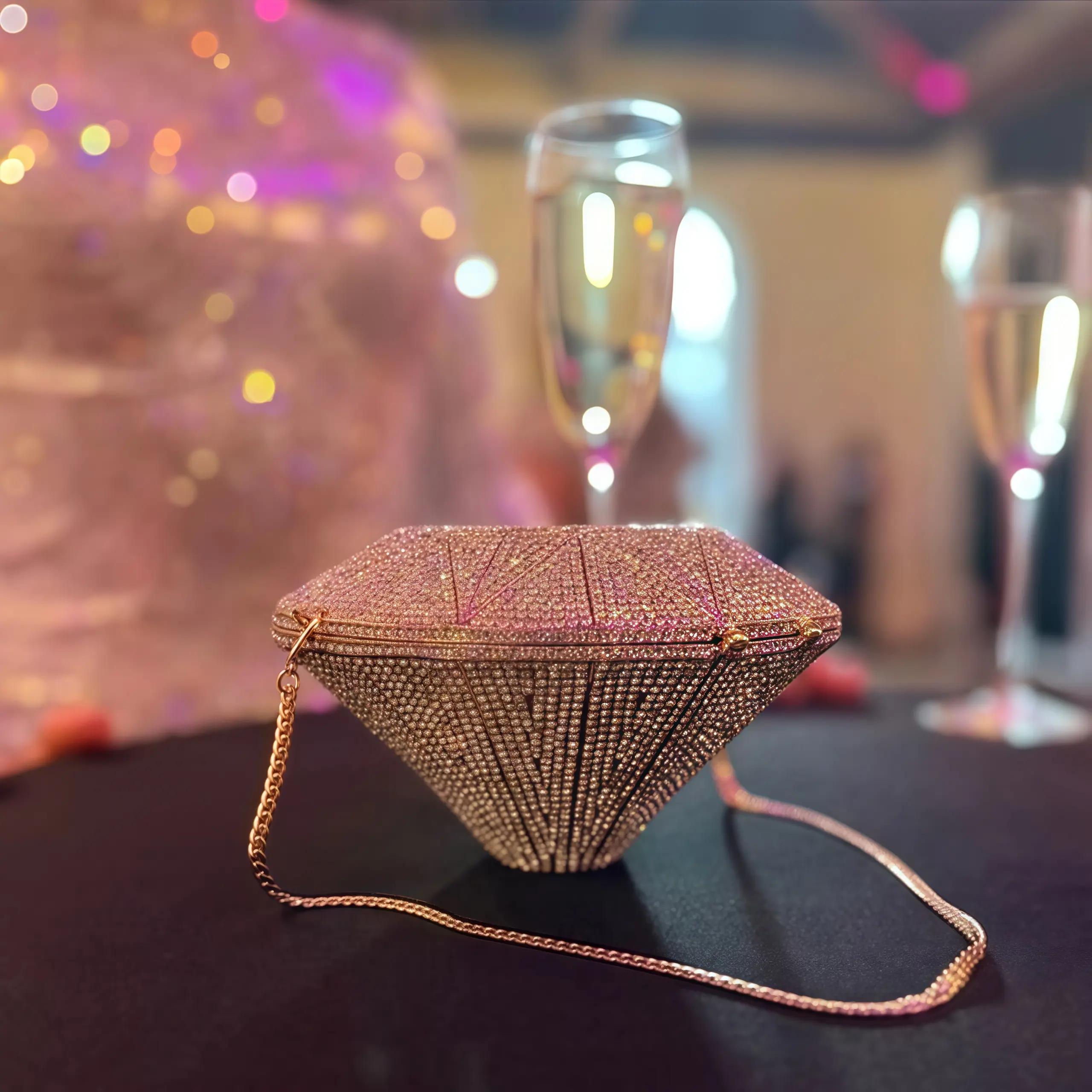 3D Diamond Shape Rhinestone Evening Bag Clutch Purse - Elegant Glittering Rhinestones Faux Leather Interior Magnetic Snap Closure Detachable Chain Fashionable Sparkly Gift for Special Events