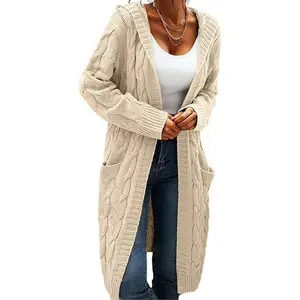 Saodimallsu Women's Hooded Open Front Cardigan Cable Knit Sweater Solid Color Chunky Long Sweater Coats Casual Fit Knitwear with Two Side Pockets