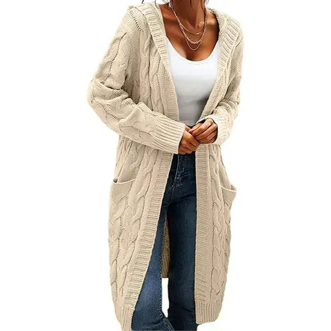 Saodimallsu Women's Hooded Open-Front Cable Knit Cardigan - Solid Color, Chunky Long Knitwear Coat, Casual Fit, 2 Side Pockets, Fabric, Hang Dry, Work Outfits