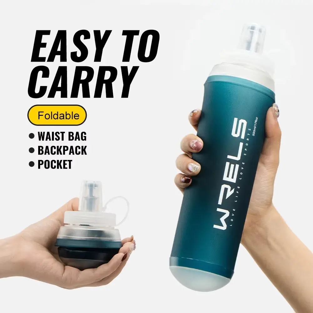 WRELS 500ML TPU Soft Folding Travel Water Bottles BPA-Free Collapsible Sports Flasks Running Hiking Bicycle Fitness Water Bottle
