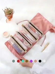 4-in-1 detachable makeup bag storage pouch, large-capacity all-in-one makeup organizer with multiple compartments, can store lipsticks, eyebrow pencils, toiletries, and makeup brushes, high-quality skincare and cosmetics storage bag