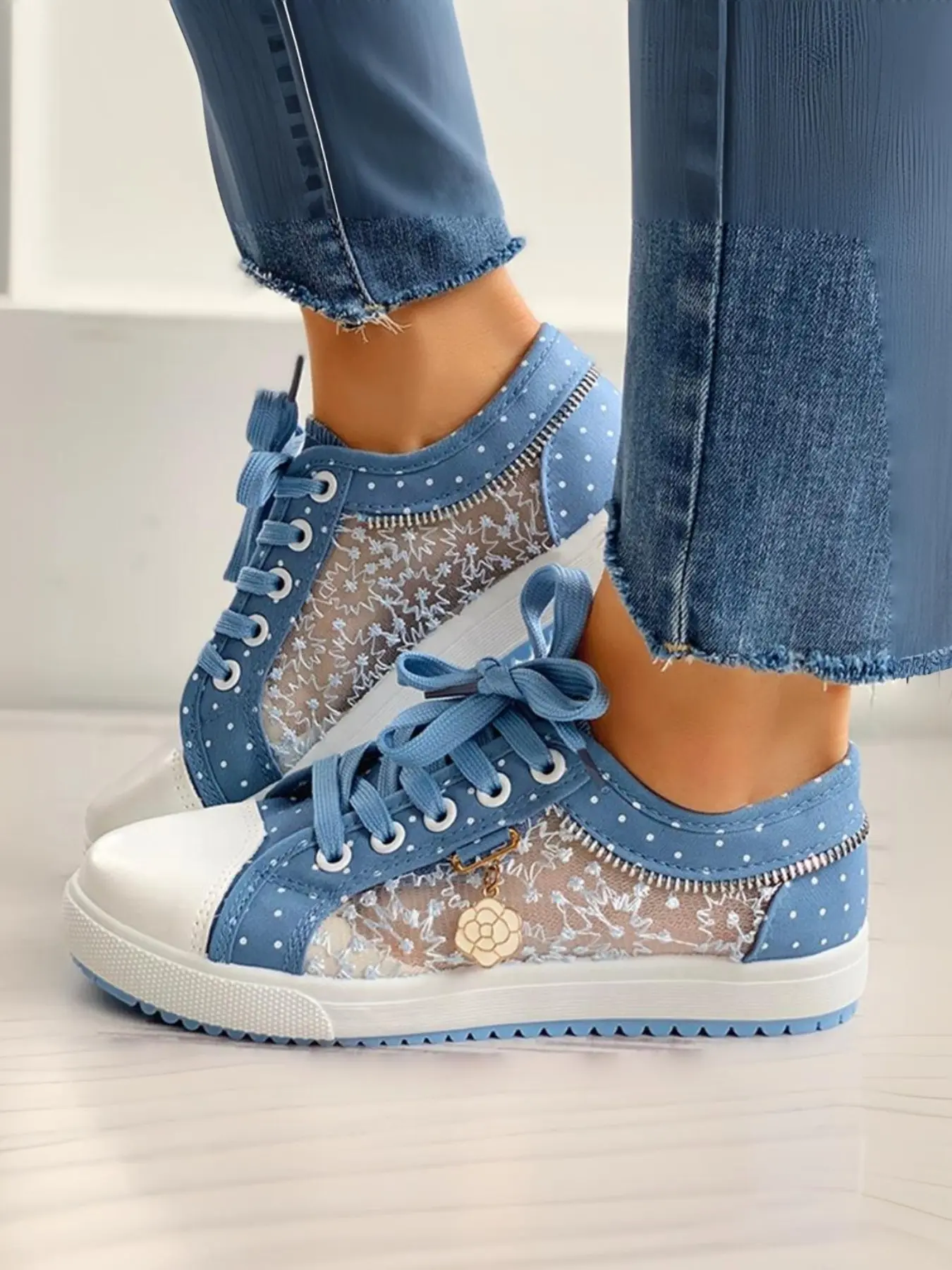 Fresh Girlish Mesh Sheer Lace Casual Shoes, Side Metal Flower Decoration, Blue Polka Dot, Soft Sole Laces, Student Board Shoes, Multiple Colors Available