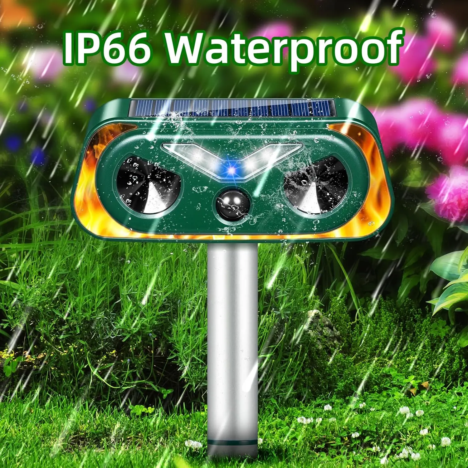Solar Powered Animal Repeller Outdoor with Flashing Lights & Motion Sensor, Upgraded Waterproof Animal Deterrent Devices for Deer, Cat, Squirrel, Rabbit, Raccoon, Skunk Repellent for Garden
