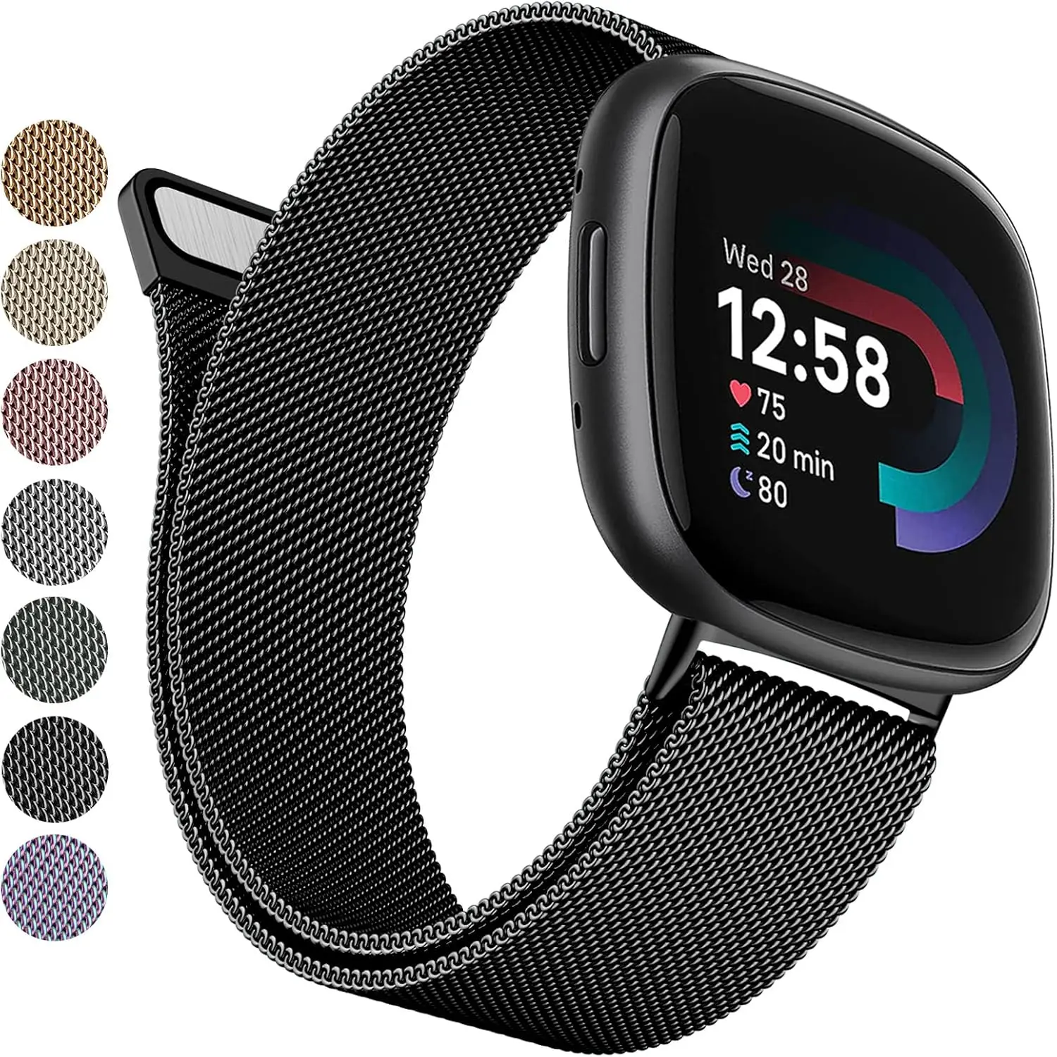 Metal Bands Compatible with  Versa 4 Bands/ Versa 3 Bands/Sense 2 Bands/ Sense Watch Bands for Women Men, Stainless Steel Mesh Wristband Strap with Adjustable  Lock