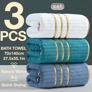 3-Piece Luxury Gold Thread Decorative Bath Towels Set, Quick-Dry Absorbent Microfiber, Modern Simple Bathroom Set, Home Camping Hotel School Factory Use