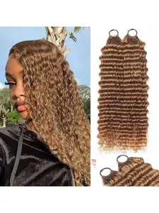 Human Crochet Hair for Black Women 16 Inch Deep wave Texture Crochet Human Hair Bundles 60g Pre-Separated Feather Crochet Human Hair Deep Wavy Invisible Crochet Hair Extensions Real Hair Extensions 100 Strands Honey Blonde