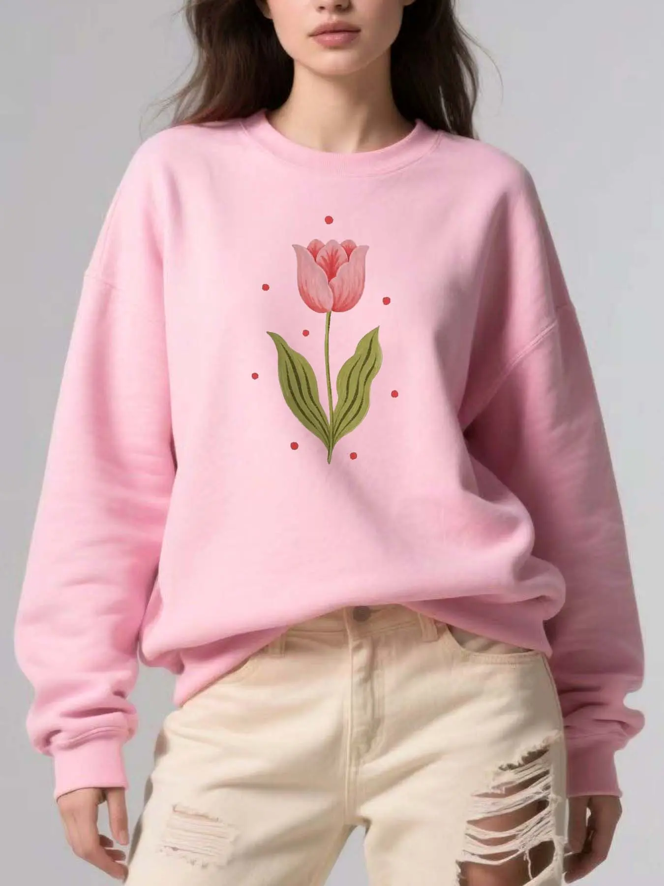 Tulip Polka Dot Plant Print Sweet Casual Fleece Pullover Sweatshirt, Fall & Winter New Style Loose-Fit Round Neck Set