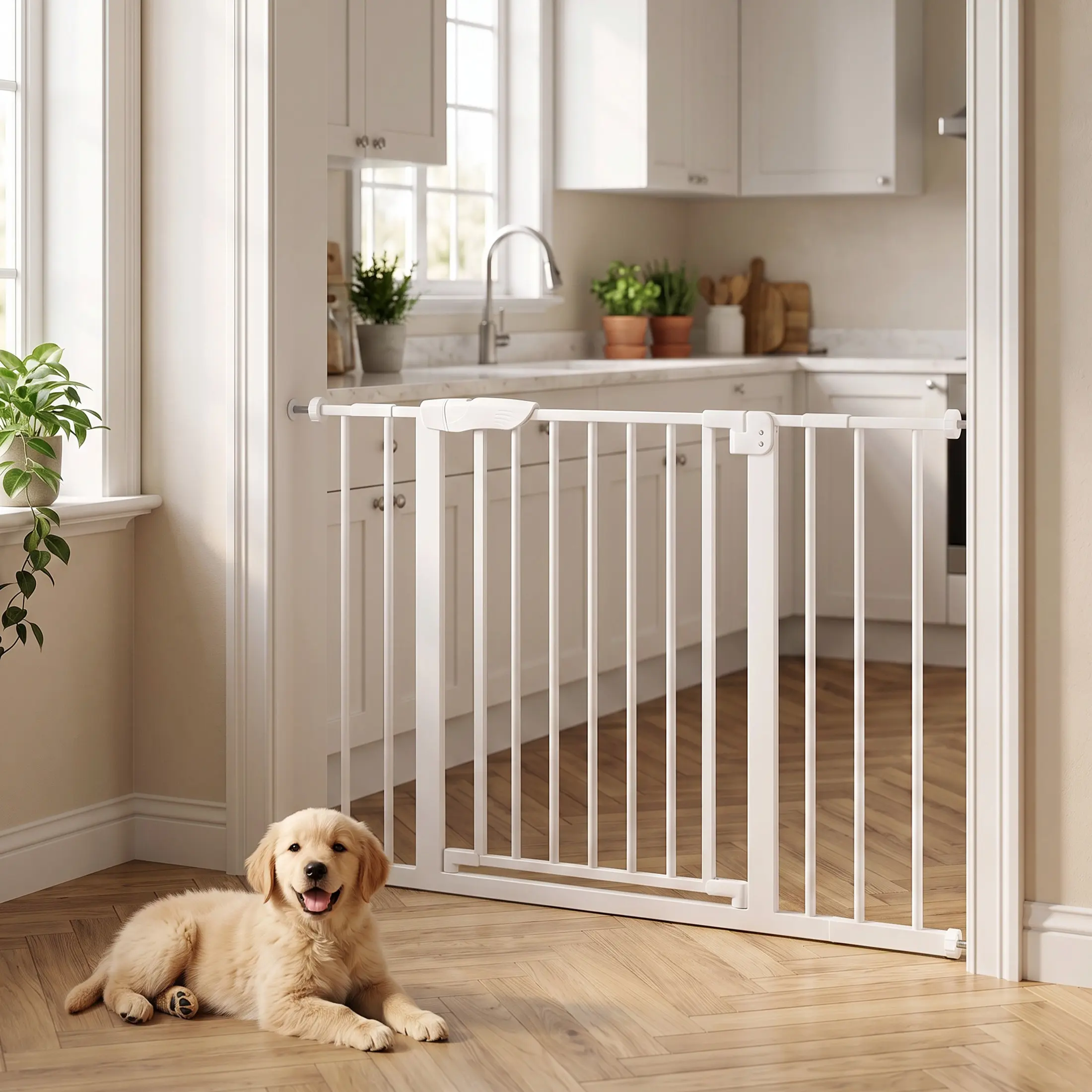 Auto Close Kids & Pet Safety Gate, 180° Swing Pressure Mount Dog Gate, One Hand Operated No Drill Child Gate for Stairs & Doorways