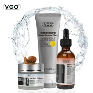 VGO Skincare set, facial cleansing set, gift box set Vitamin C Facial Serum Essence And Snail Mucin 92% Moisturizer And Facial Cleanser Set of Double Care AND  Daily Face Gel Cream for Dry & Sensitive Skin,  Gentle Hyaluronic Skin Repair Comfort Hydrate