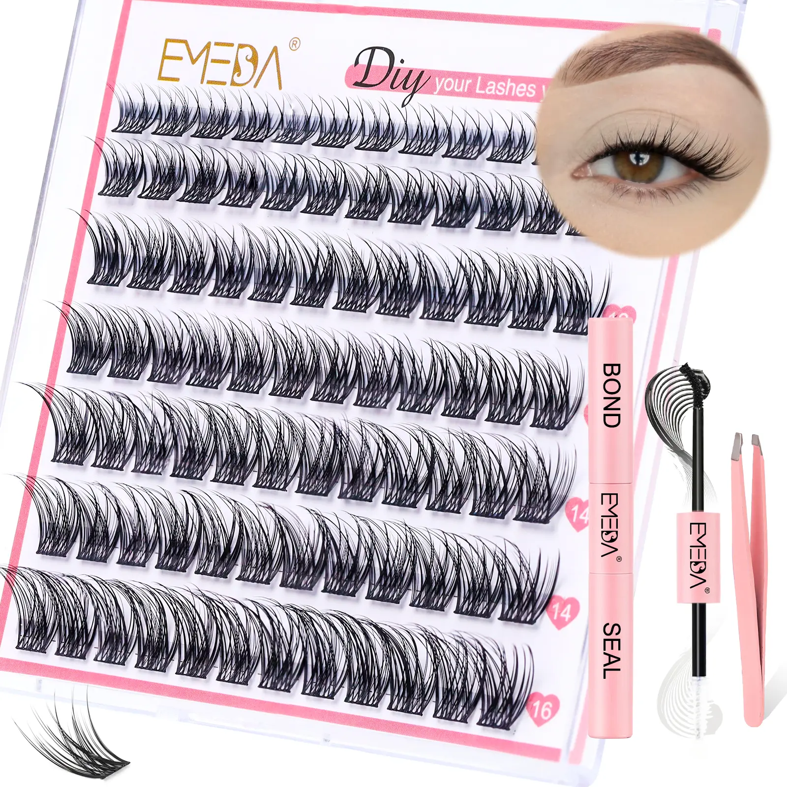 EMEDA Natural Lash Clusters Kit Eyelash Clusters Wispy C Curl DIY at Home Lash Extensions Kit Individual Lashes Mix Lengths Super Thin Band Cluster lashes with Bond and Seal, Tweezers (8-16mm Natural) Makeup Cosmetic Eyelash Extension Eyelashes Extensions