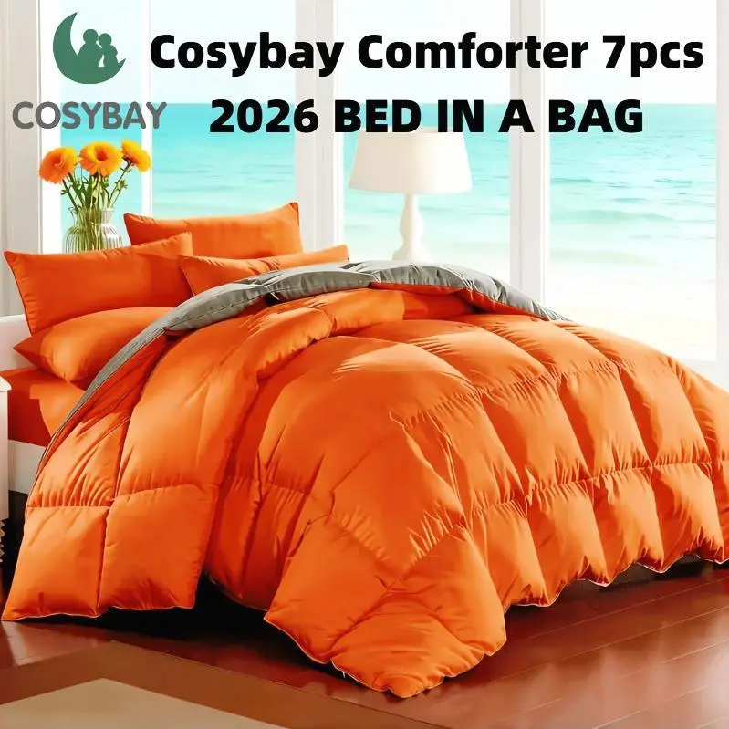Cosybay 7PC Comforter Sets Queen, King Size Luxury Soft Fluffy Pinch Pleated Bedding With 1 Comforter + 1 Fitted Sheet + 1 Cooling Bed Sheet + 4 Pillowcases & Pillow Covers, ( include 7pcs Random Color) Must-Have Bedding For Home & Dorm,Father's day
