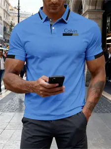 Digital-Print Polo Shirts Calvin Letter Features A Button-down Collar and Short Sleeves T-Shirts Unisex Casual Wear: Designed for A Comfortable Fit with Breathable Fabric