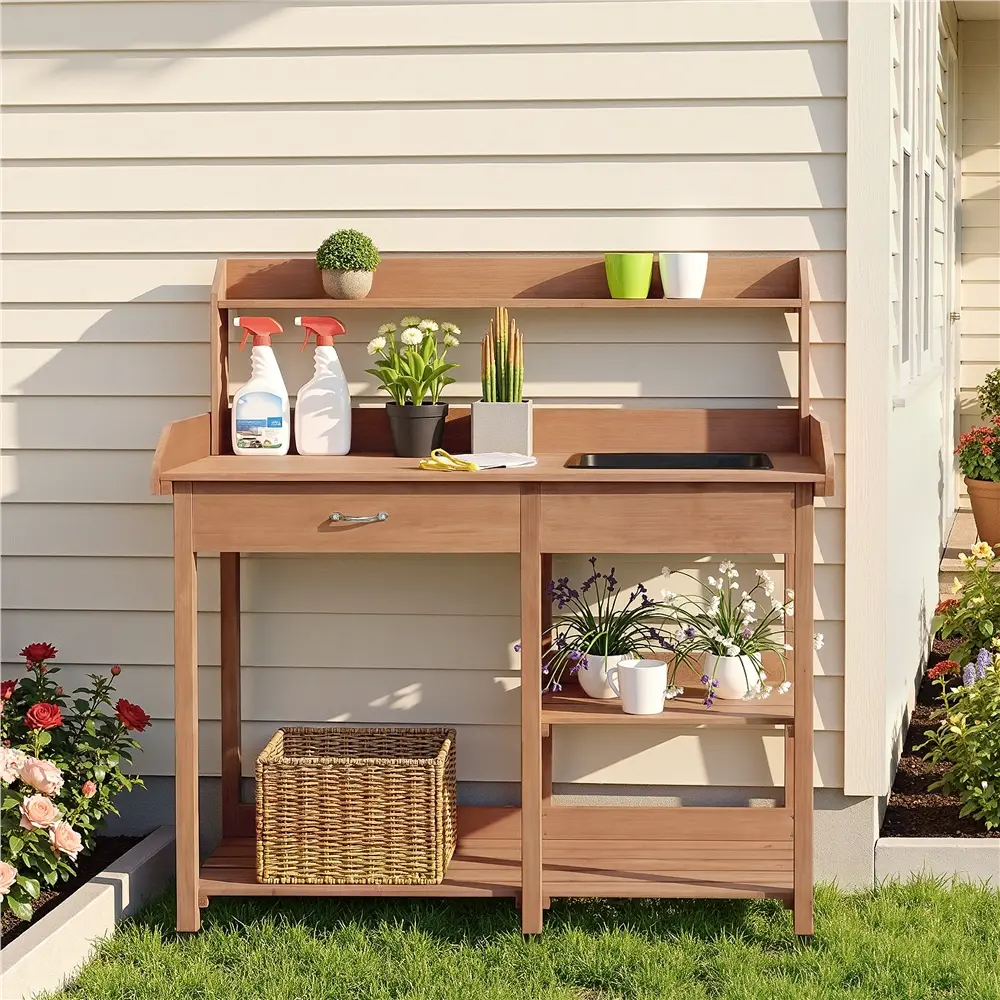 Costoffs Solid Fir Wood Garden Potting Table Organizer - Built-in Basin, Drawer, 2-Tier Storage Shelves - Outdoor Furniture Prep Bench for Greenhouse, Porch,outdoorfurnitureset