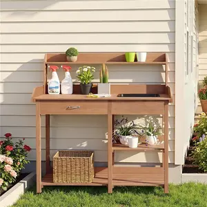 Costoffs Garden Potting Table with Built-in Basin, Drawer & 2-Tier Storage Shelves, Solid Fir Wood Outdoor Prep Bench for Greenhouse & Porch