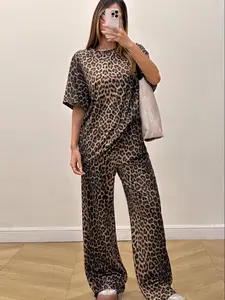 Women's Leopard Print Loungewear Two-piece Set, Elegant Casual Comfy Round Neck Short Sleeve Top & Elastic Waist Wide Leg Pants PJ Set for Indoor Outdoor Wear, Ladies Sleepwear for All Seasons, Matching Lounge Sets, Leopard Print Pajamas