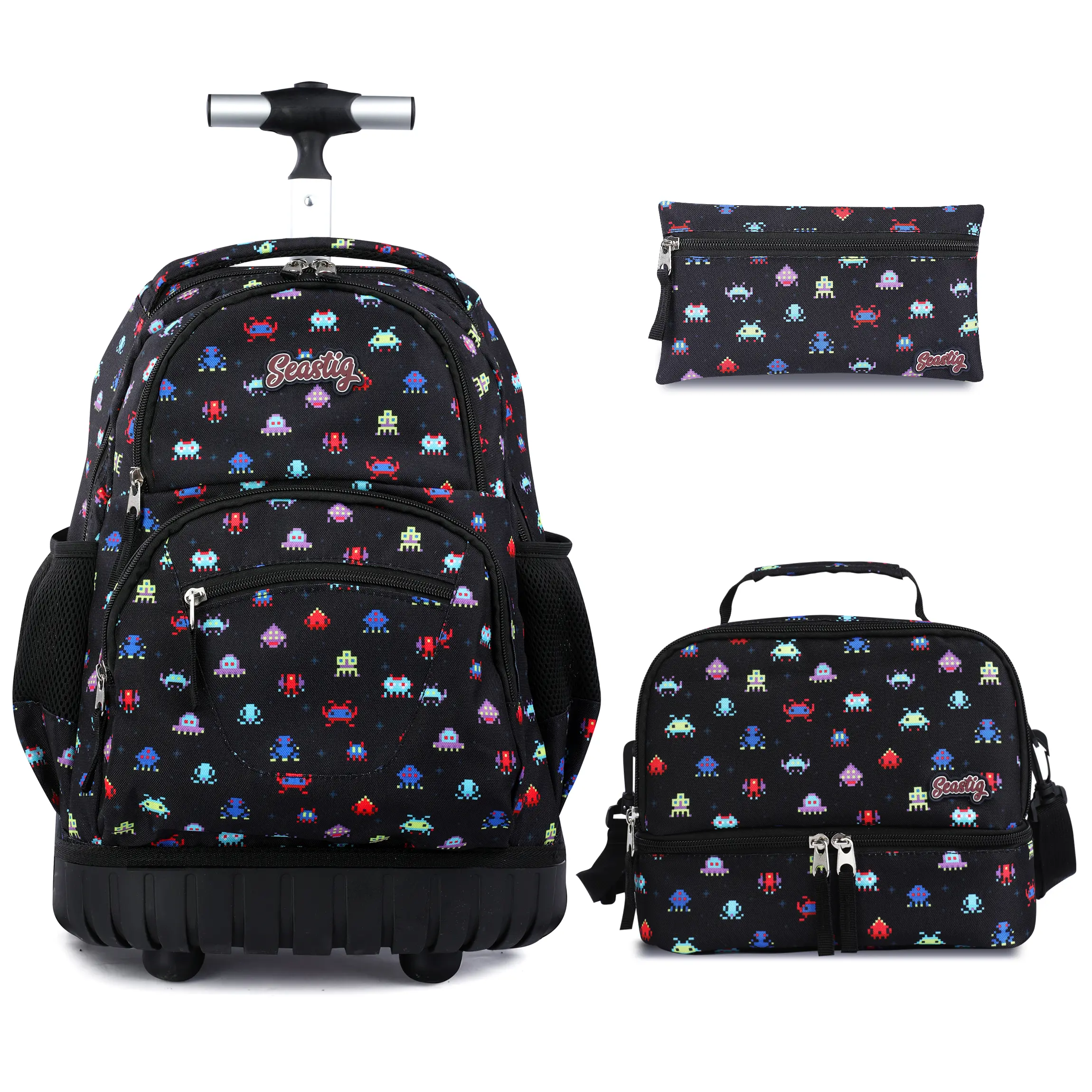 seastig Rolling Backpack 16 inch Wheeled Backpack with Lunch Bag & Pencil Case Roller Backpack Set Carry-on Bag School Travel