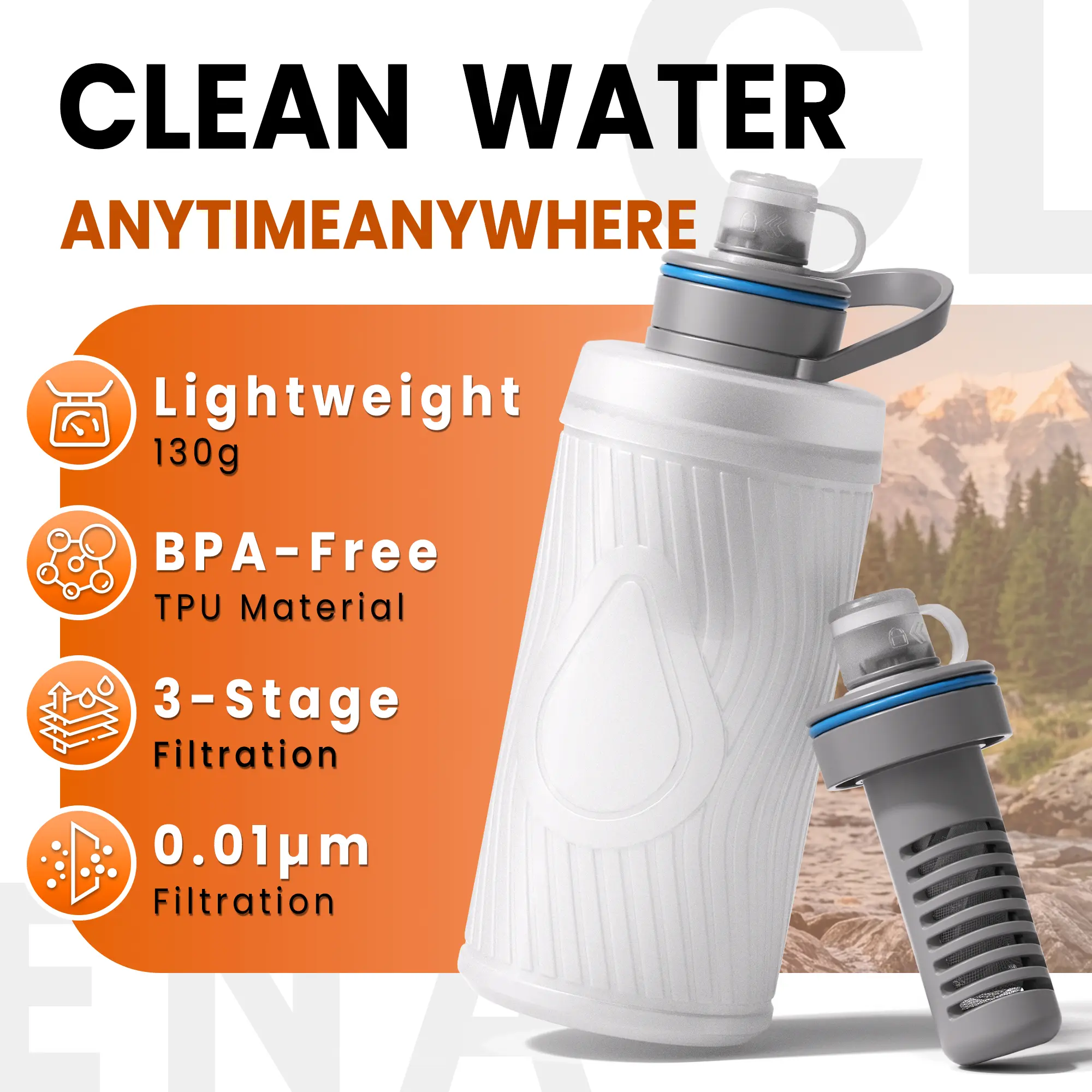 700ml Collapsible Water Filter Bottle - 0.01 Micron Portable Squeeze Filter for Hiking, Camping, Emergency Use, Water Bottle