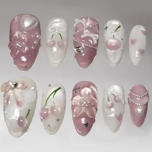 Pastel Pink Cherry & Bow Cat Eye Press On Nails, 3D Epoxy Love Heart, Low Saturation Nude Tone, Sweet Gentle Fresh Style, Pearl Chain & Rhinestone Bling Luxury Wearable False Nails